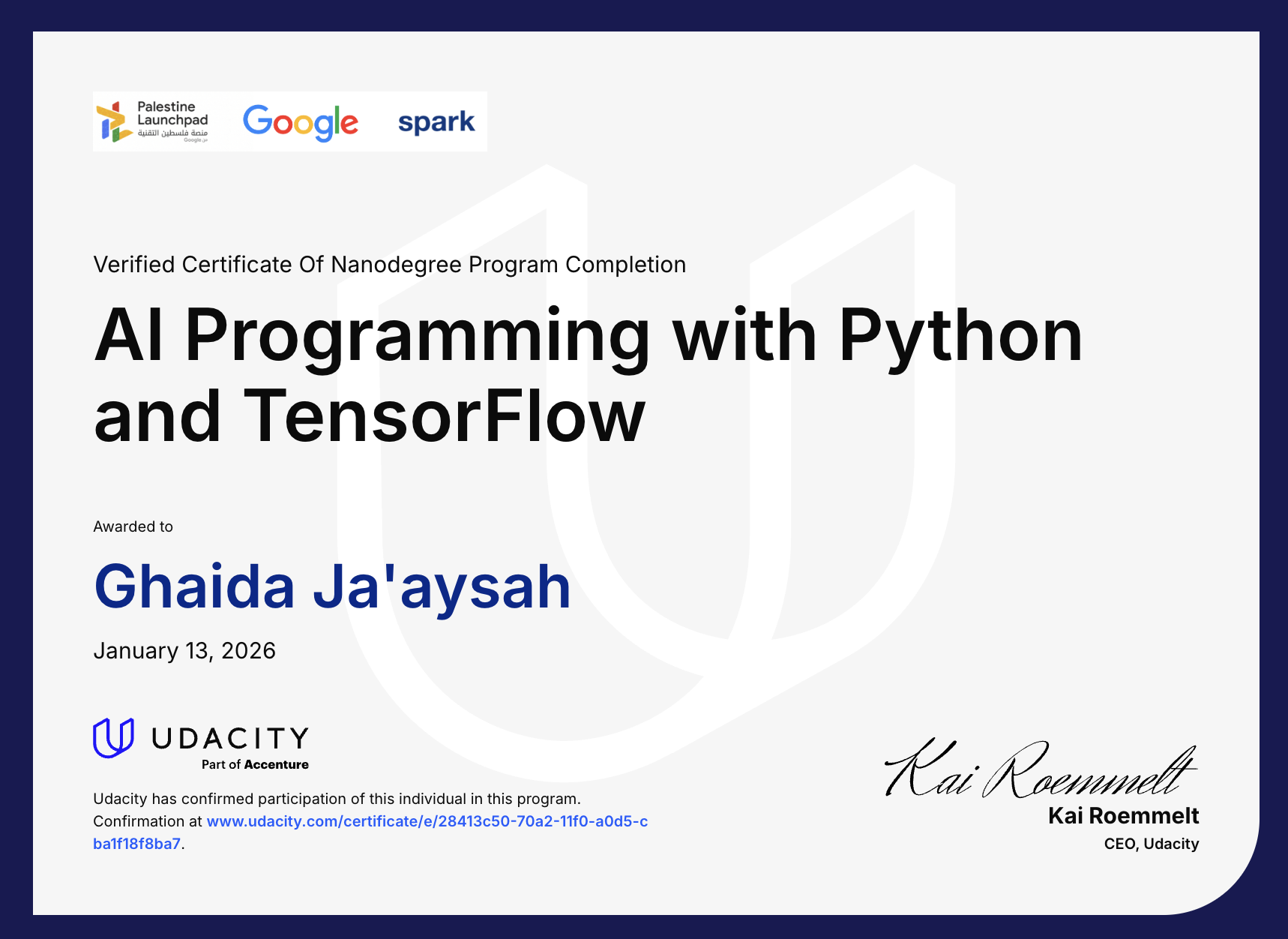 AI Programming with Python and TensorFlow certificate